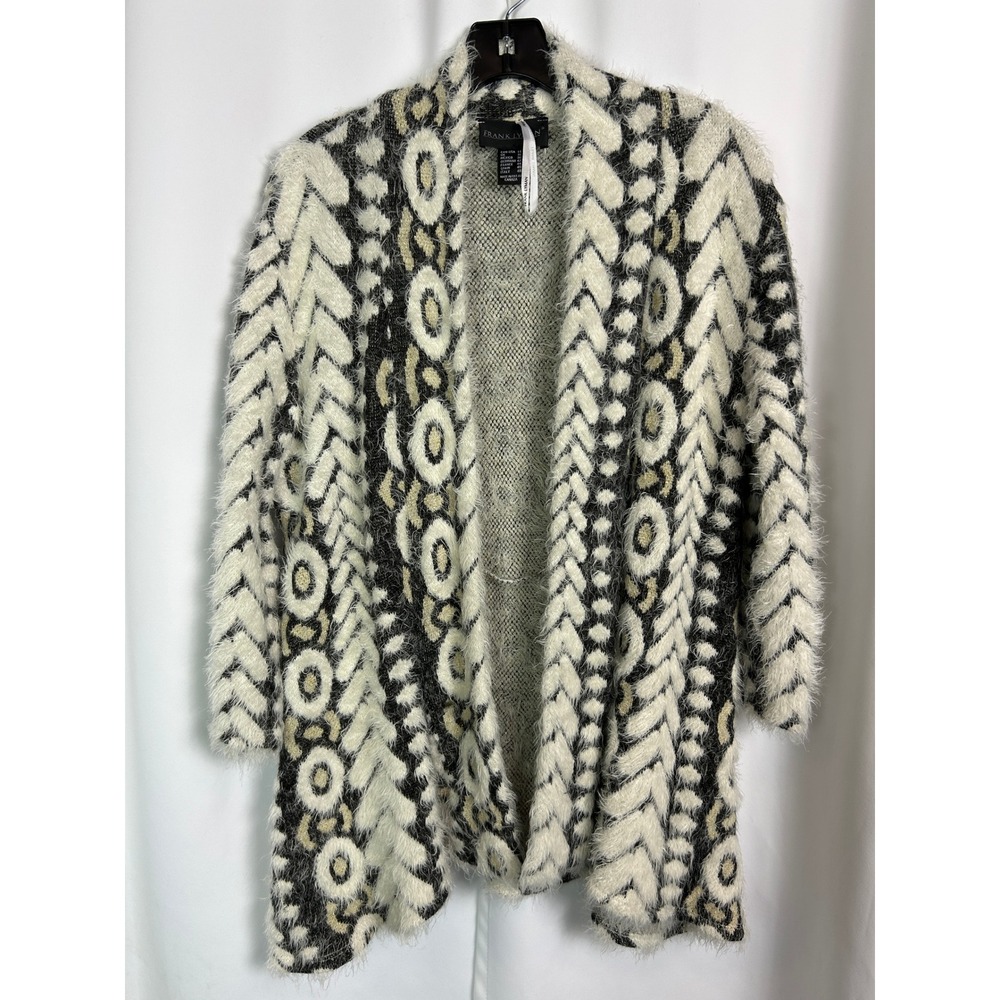 Frank Lyman Black White Gold Geometric Eyelash Knit Open Front Cardigan Size 14